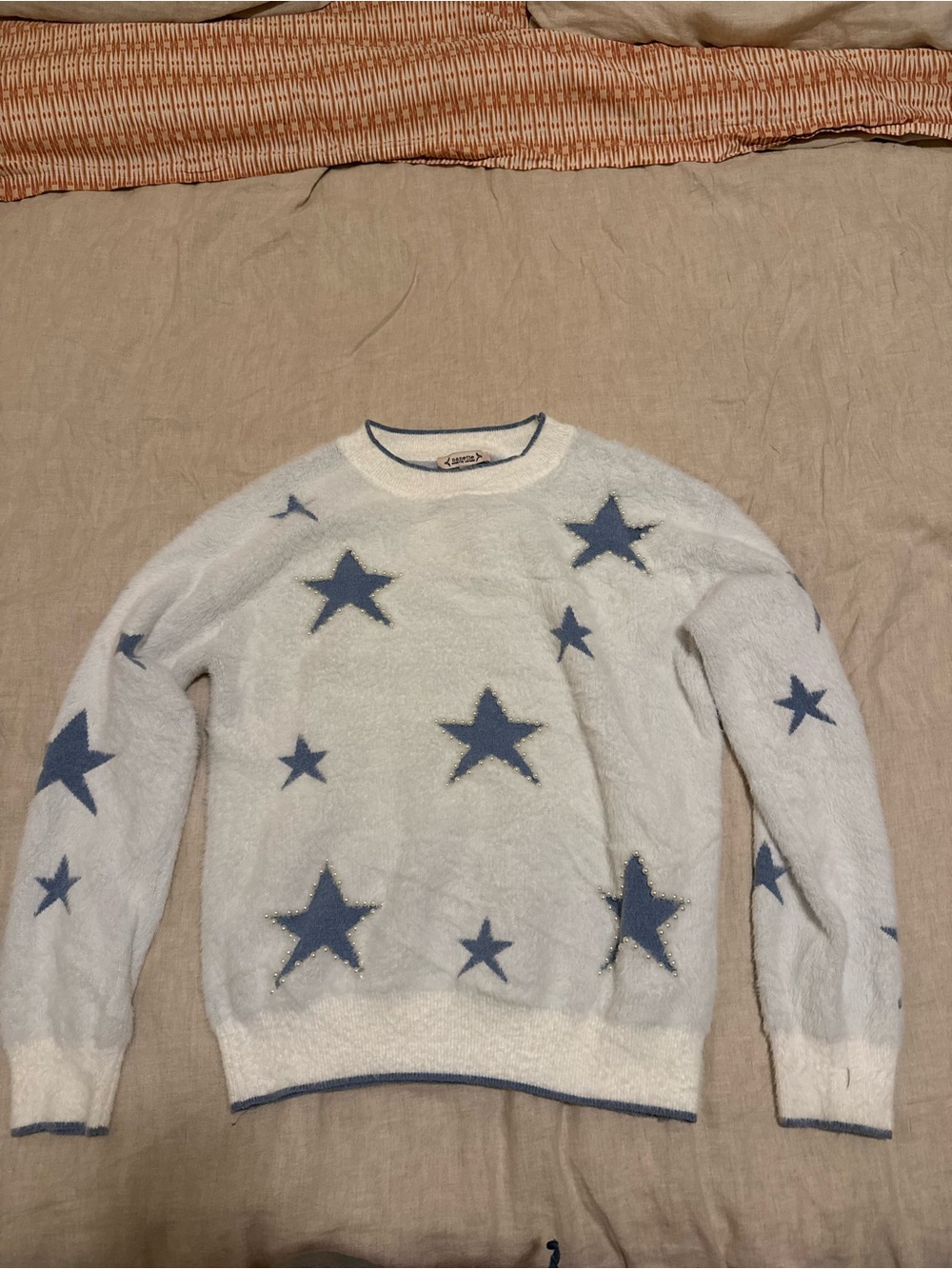 Nanette Lepore White Plush Crewneck Sweater with Blue Star Motif